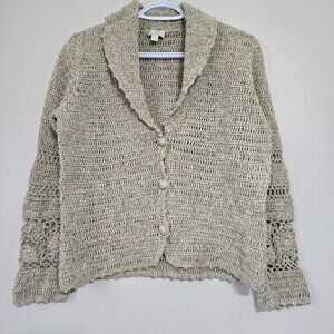 J. Jill Women's Cream Tan Linen Cotton Hand Crochet  Cardigan M